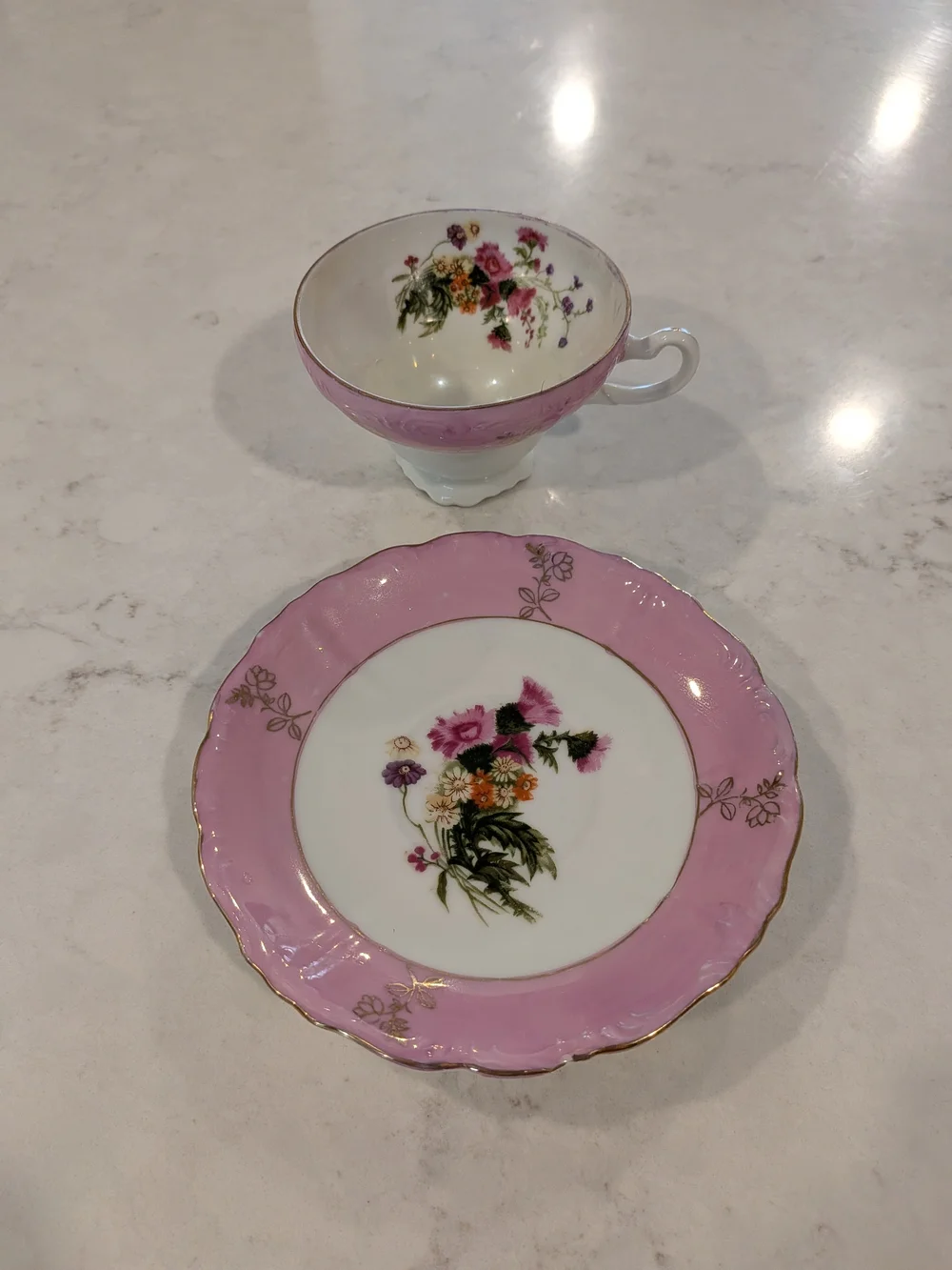 Vintage From Occupation Japan 1950s Pink Floral Porcelain Teacup and Saucer Set